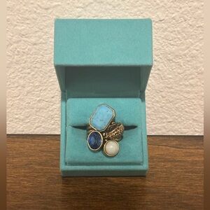 Kurt Geiger Gold Ring with Blue and White Stones NWOT